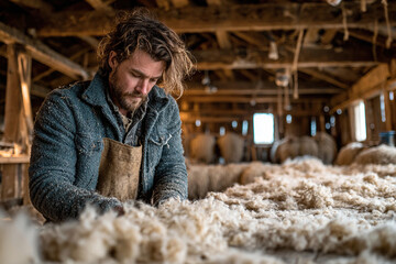 A man prepares sheep's wool in a workshop.