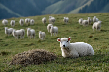 Young well-groomed lambs graze in a field.