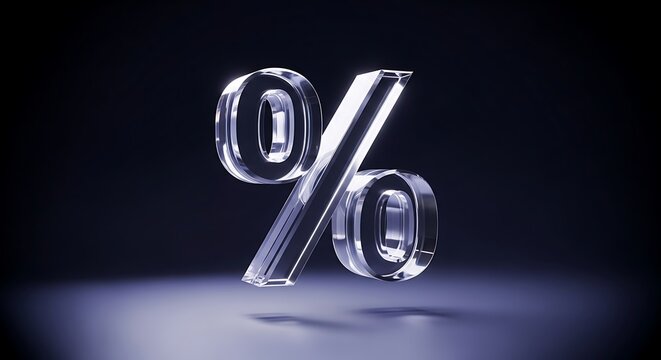 Glass Percentage Sign Floating in Dark Studio Setting.