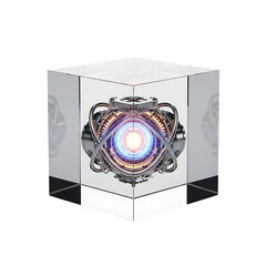 Futuristic glowing energy core contained within a transparent crystal cube on black background technology