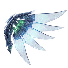 Futuristic mechanical wing with glowing circuit board patterns and blue and green lights technology