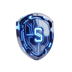 Futuristic Silver Shield with Glowing Blue Circuitry and Letter S Symbol security protection