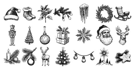 Large Christmas Icon Set Hand Drawn Vintage Holiday Sketch Collection With Santa Reindeer Nutcracker And More