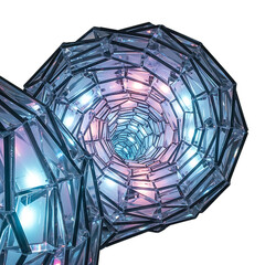 Geometric Crystal Tunnel with Pink and Blue Lights Against Black Background abstract