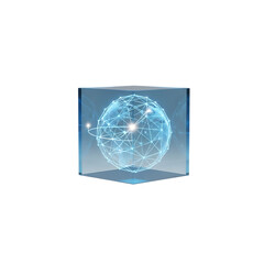 Glowing blue digital globe network inside transparent cube on black background technology data