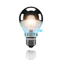 Glowing incandescent light bulb with digital data streams emanating from filament on black background