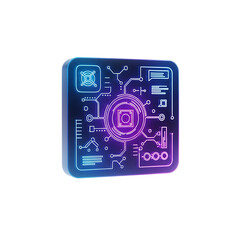 Glowing Neon Circuit Board Icon with Fan and Processor Symbol on Black Background technology