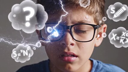 A close-up of a child, glasses on, deep in thought, with math symbols in thought bubbles - Powered by Adobe