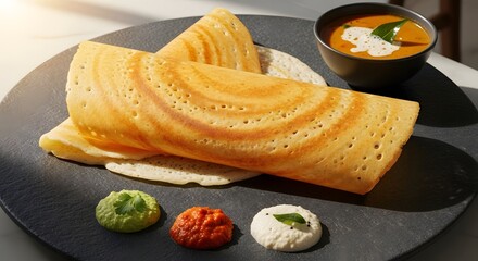 Golden Crispy Plain Dosa Served with Sambar and Three Chutneys