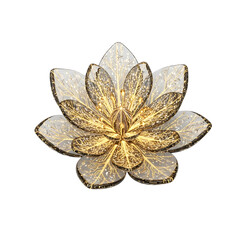 Illuminated translucent lotus flower with intricate golden circuitry patterns and glowing lights on black background