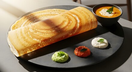Golden Crispy Plain Dosa Served with Sambar and Three Chutneys