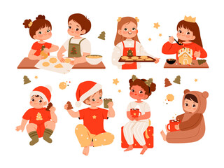Kids baking Christmas cookies, decorating gingerbread houses, and drinking hot cocoa in festive outfits and cozy pajamas. Cute children enjoying Christmas cookies and cocoa.  