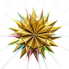 Intricate golden starburst origami decoration with colorful light beams on black background image