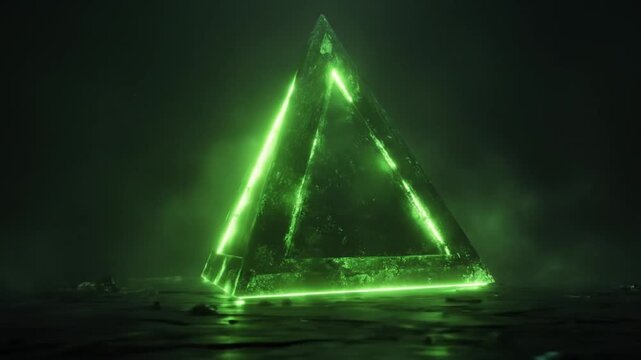 Illuminated pyramid structure with green glow in a dark, mysterious environment