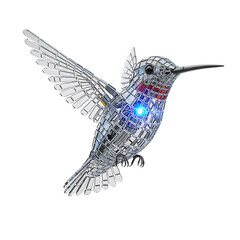 Mirrored hummingbird sculpture with blue light on black background mosaic glass