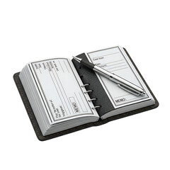 Open black leather bound checkbook with silver pen on blank pages image