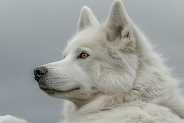 Obraz premium Captivating Portrait of a White Siberian Husky with Striking Blue Eyes on a Plain Grey Background
