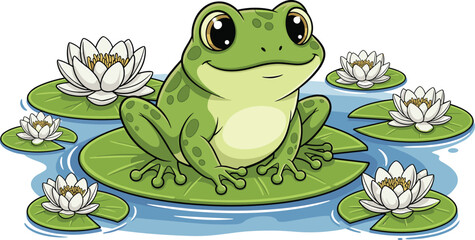 PrintCartoon frog on lily pad, pond scene, cheerful amphibian, nature theme, water ripples, white flowers, cute character, educational illustration