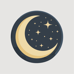 Stylized crescent moon and sparkling stars in a dark night sky circle icon.