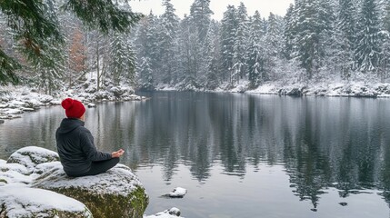 Calm Winter Scene with Snow-Covered Pine Trees Ideal for Meditation and Serene Reflection Moments