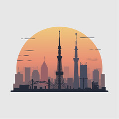 Minimalist silhouette of a Tokyo city skyline with iconic towers against a vibrant sunset.