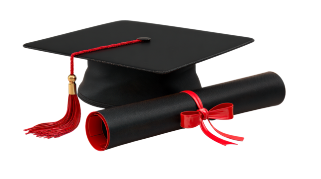 Graduation Cap and Diploma with Red Ribbon