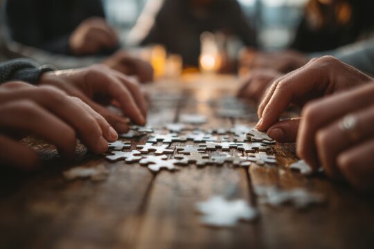 Group of friends or coworkers collaborates to complete a jigsaw puzzle on a table in an office or home - Powered by Adobe