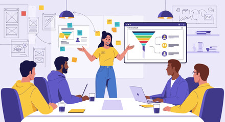 Diverse team collaborating on ux design strategy during a dynamic presentation