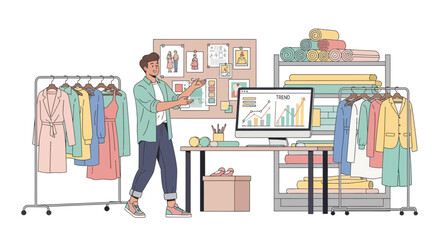 Fashion designer presenting new clothing collection and market analysis data on the computer