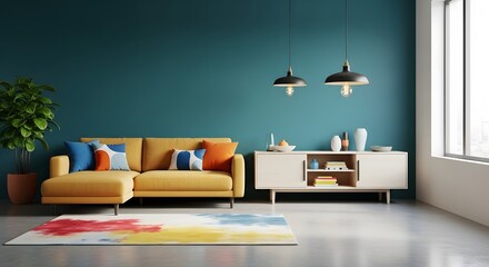 Obraz premium Modern living room interior with yellow sofa, teal wall, and stylish decor creating a cozy, inviting space