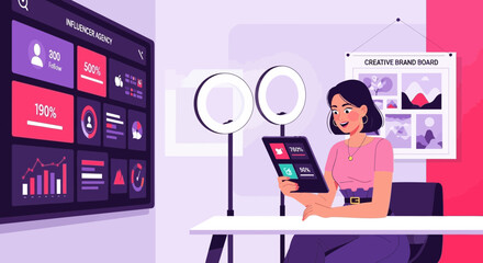 Digital influencer analyzing data for content creation and brand development project