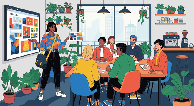 Creative business meeting presentation in bright, modern office setting - Powered by Adobe