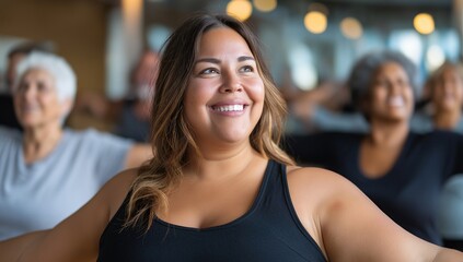 Smiling woman stretching in group fitness class