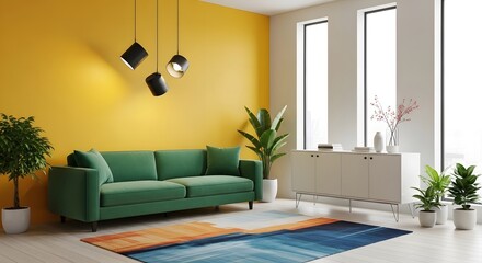 Fototapeta premium Create a vibrant interior design with this modern living room featuring a striking yellow wall and stylish green sofa for a fresh look