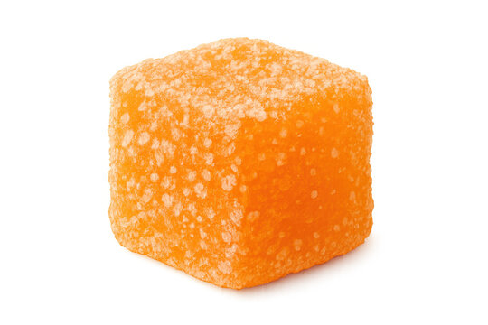 Orange sugar coated gummy candy cube, sweet dessert snack for kids, isolated on transparent background