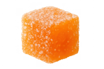 Delicious orange gummy sugar-coated candy cube, sweet dessert snack, chewy confectionery food, transparent background