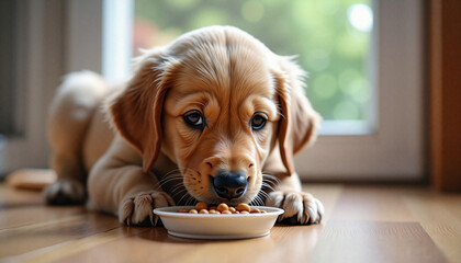  Cute puppy eating food from bowl indoors