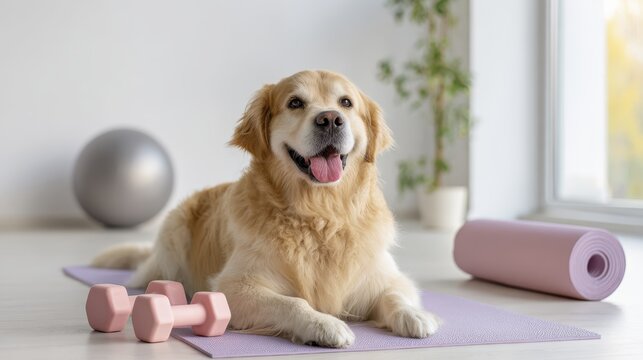 Golden retriever relaxing on yoga mat with dumbbells in a modern home gym setting