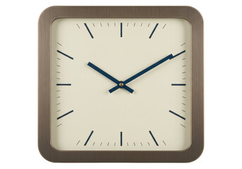 Isolated square analog clock with beige face and steel bezel showing ten past ten o'clock