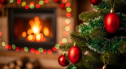 Cozy christmas scene with glowing fireplace and decorated evergreen tree
