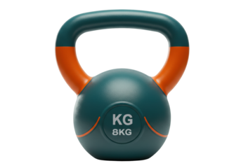 Isolated teal-and-orange kettlebell for fitness training and conditioning, weighs eight kilograms