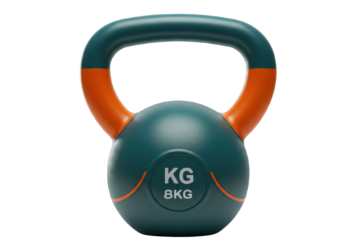 Isolated teal-and-orange kettlebell for fitness training and conditioning, weighs eight kilograms
