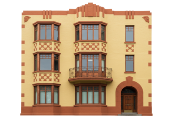 Isolated Art Deco apartment building, facade, and entrance in tan with reddish brown details