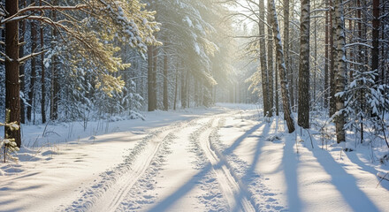 Sleigh tracks in forest wind through snow covered woods under sunlight, sleigh tracks in forest scene shows winter landscape with natural trails.