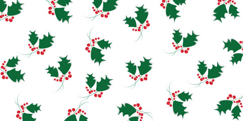 Christmas Holly Pattern with Green Leaves and Red Berries. Perfect for holiday wrapping paper, fabric prints, seasonal cards, and festive designs. Elegant and clean Christmas motif.