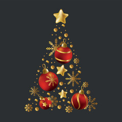 Christmas tree made up of holiday elements, red and gold colors - Vector illustration