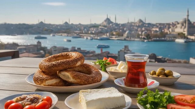 Traditional Turkish breakfast with simit, tea, cheese, and olives served on a terrace overlooking the Bosphorus and Istanbul skyline.