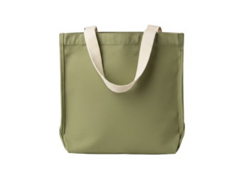 Isolated green canvas tote bag with beige shoulder straps against a neutral backdrop