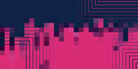 Fototapeta premium Abstract digital background with a pixelated magenta pattern against a dark blue sky and geometric line art.