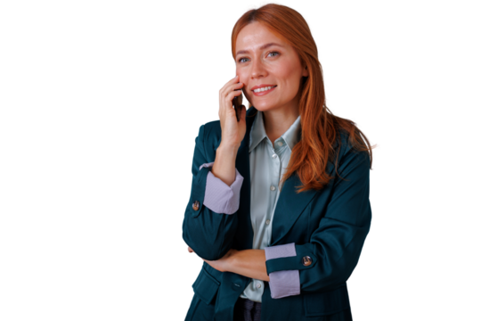 Businesswoman talking on phone, communicating, smiling, discussing with client, professional woman using mobile